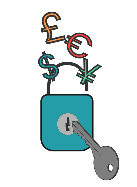 Illustration featuring a key unlocking a padlock containing a pound, euro, dollar and yen symbol.
